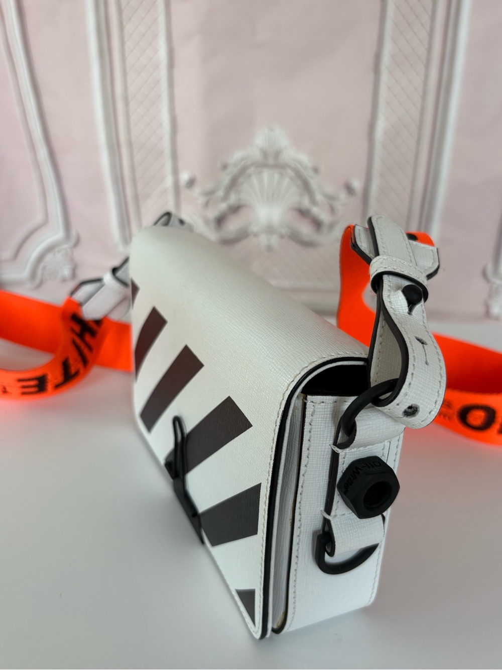 Off-White White and Black Diagonal Stripe Crossbody with Neon Orange Strap - Picture 3 of 7